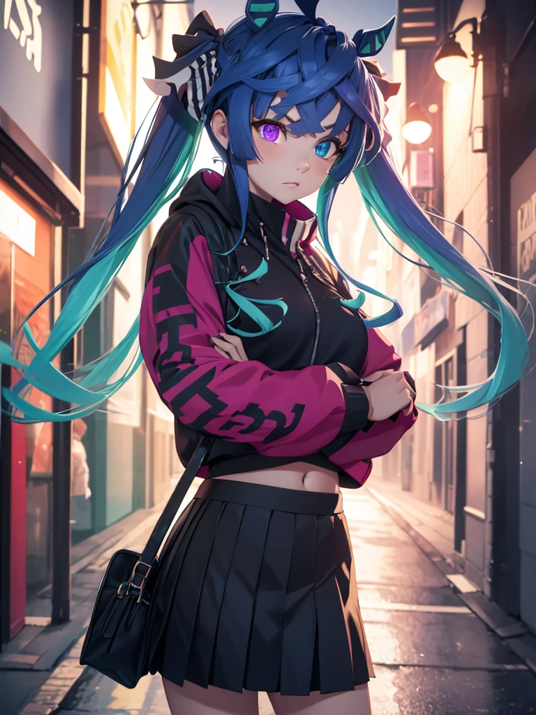 Futuristic anime cool hip-hop girl, long asymmetrical purple hair with blue tips, blue eyes, wearing a high-tech office suit style with LED accents, cyberpunk LED accessories, black LED hip-hop cap. Sitting Confident Posing as hip-hop on the bench. The coated bubblegum candy world City of pastel colors. Busy chaos city.