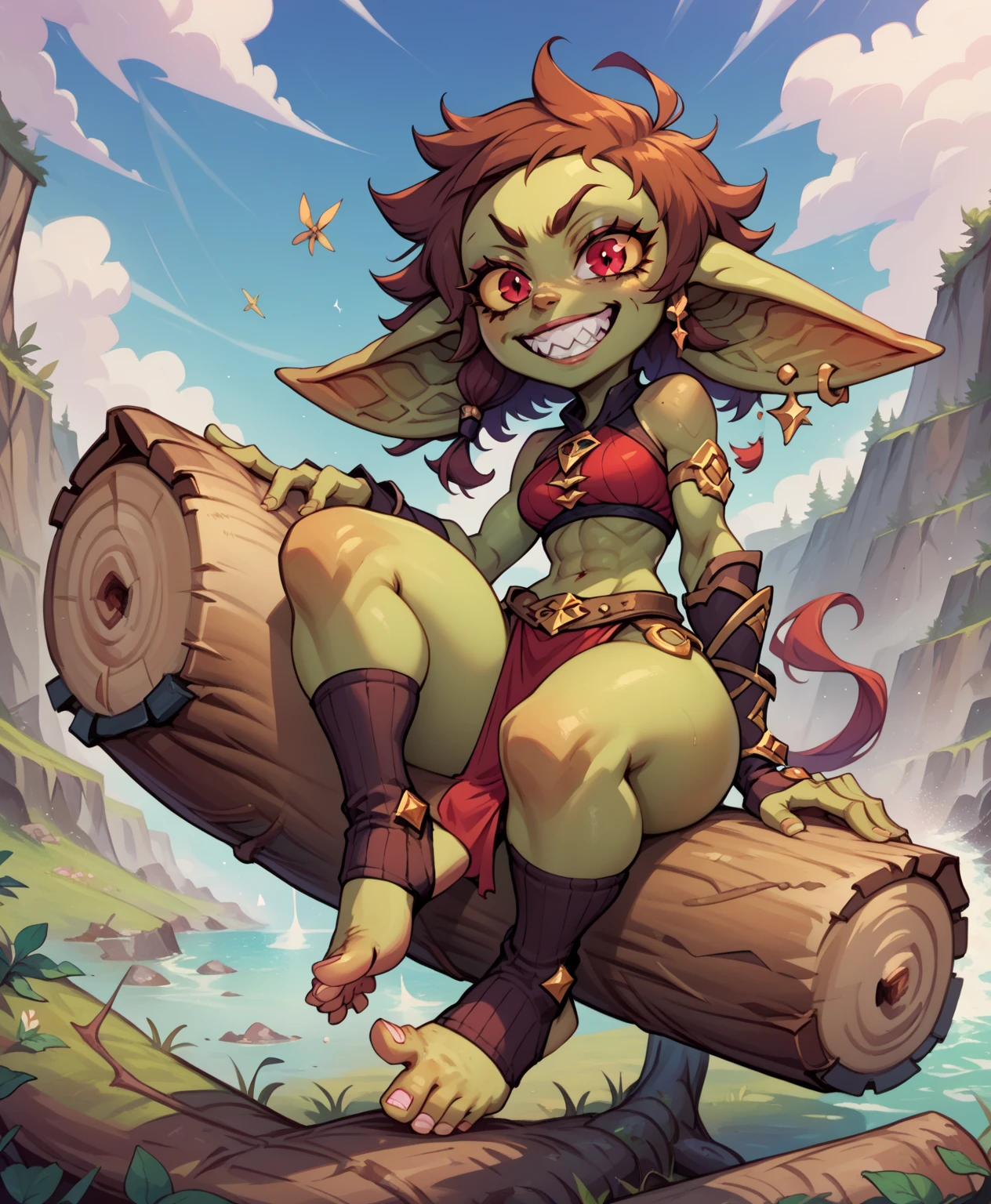 ((goblin)), ((masterpiece)), ((cartoon style)), {(toned body), (thicc figure), (eccentuated curves), (cute feet), (green skin), (short black spiky hair), (red eyes yellow sclera), (long eyelashes), (excited grin)}, {(red crop top), (midriff), (brown belt), (brown loin cloth), (stirrup socks)}, {(sitting on log), (looking at viewer)},