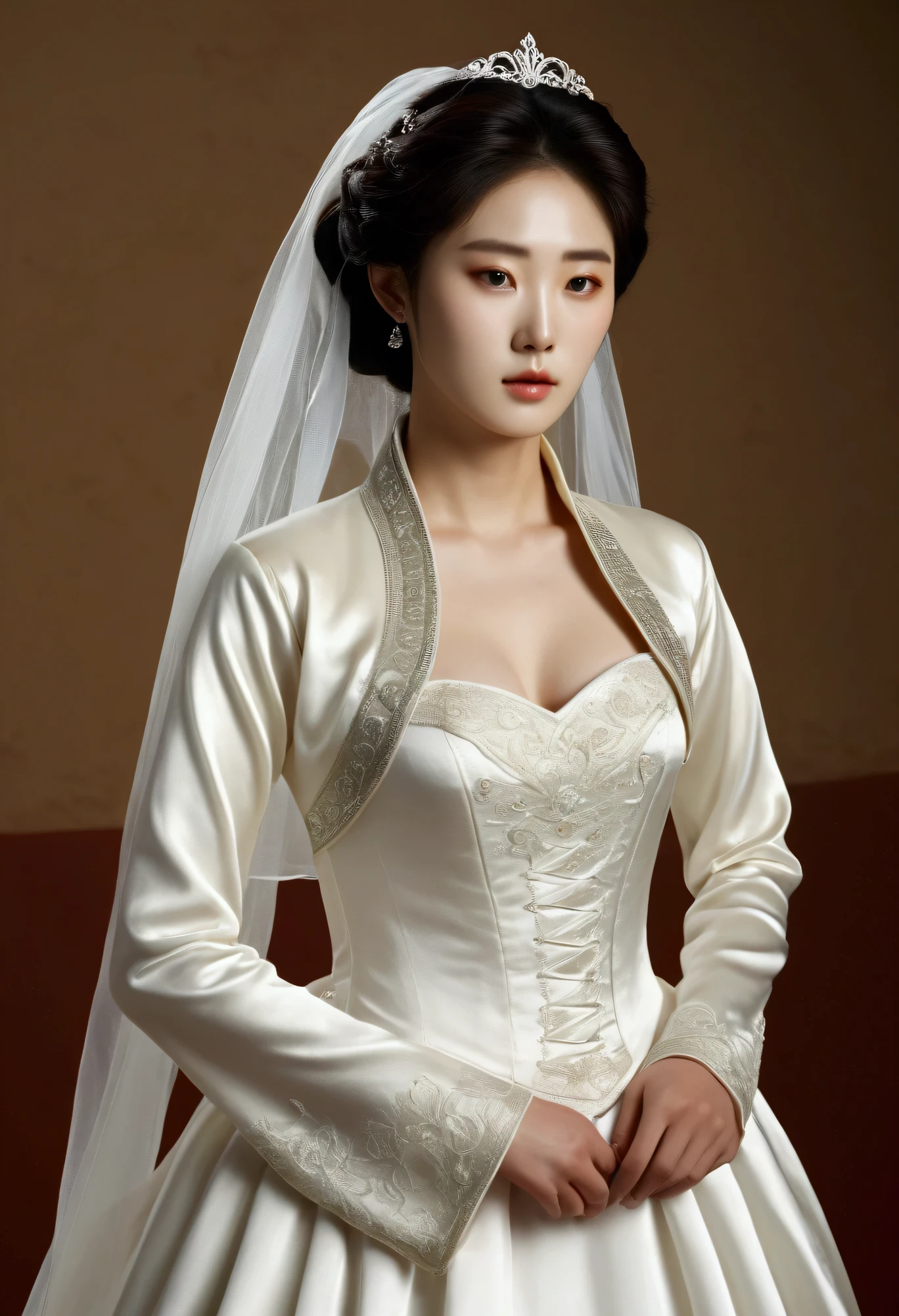 A Korean man had surgery to change his body from male to female, his body is completely female, he has big breasts like a woman, but his face is not changed and still looks like a man, His hair is still manly and short, he is wearing a women's wedding dress,  wedding gown, Vintage wedding dresses, medieval dresses, he is wearing Long sleeve cropped jacket, he is wearing Long sleeve bolero jacket, silk, shiny satin