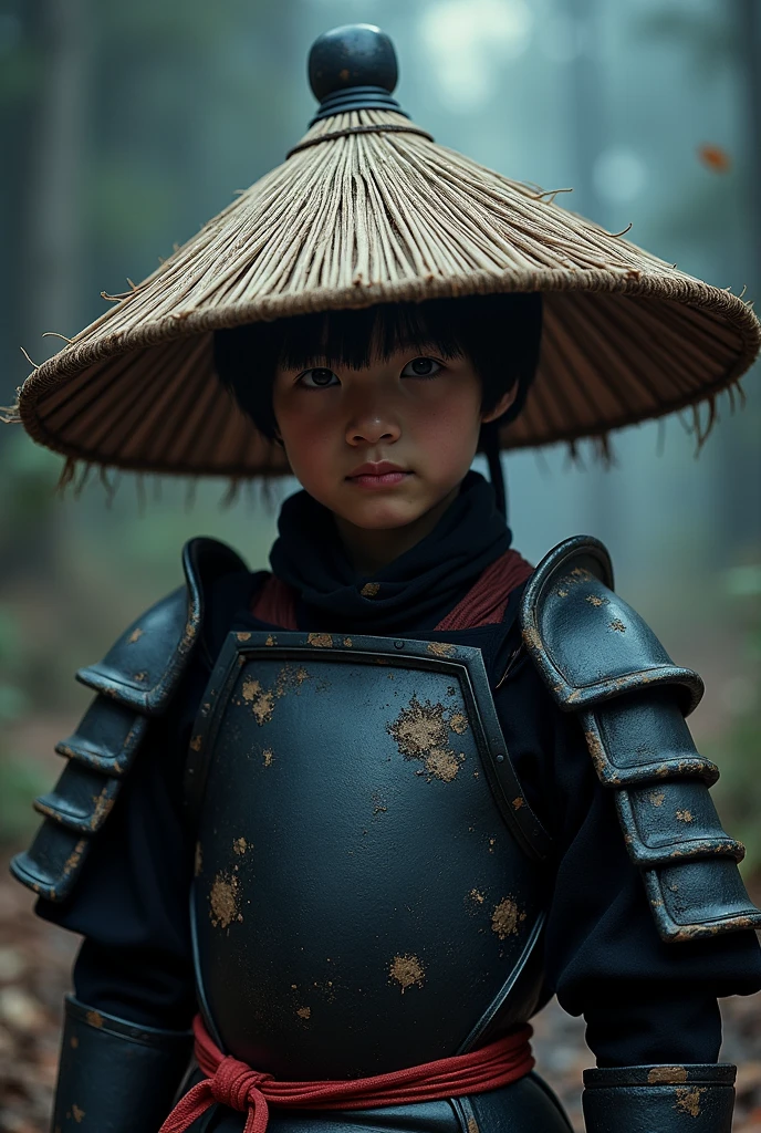 a boy wearing traditional, weathered iron armor with black and red accents. His face is partially hidden by his straw hat (kasa), in front of a clearing, on a scary night, and shadows appear around him.