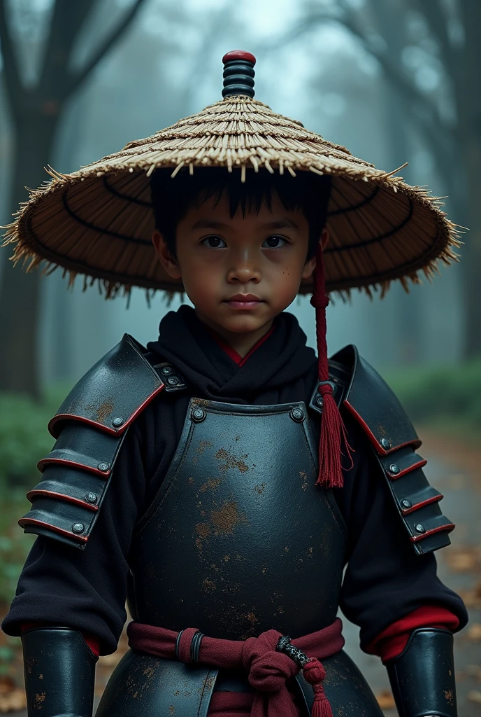 a boy wearing traditional, weathered iron armor with black and red accents. His face is partially hidden by his straw hat (kasa), in front of a clearing, on a scary night, and shadows appear around him.