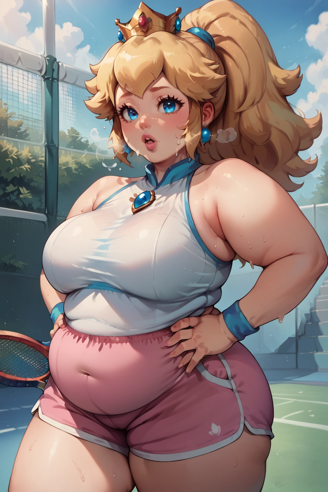 score_9_up, score_8_up, score_7_up, source_anime, (masterpiece, perfectly detailed, detailed face, detailed eyes, beautiful eyes), CuteMaster_PS, 1girl, princess peach, blonde hair, crown, blue eyes, ponytail, jewelry, tennis racket, sleeveless, earrings, ball, armpits, holding, medium breasts, half body, pink shorts, wristband, sportswear, parted lips, shirt, pink lips, out of breath, sweaty, open mouth, hands on hips, obese, chubby, big arms, thick thighs, tired exporession 