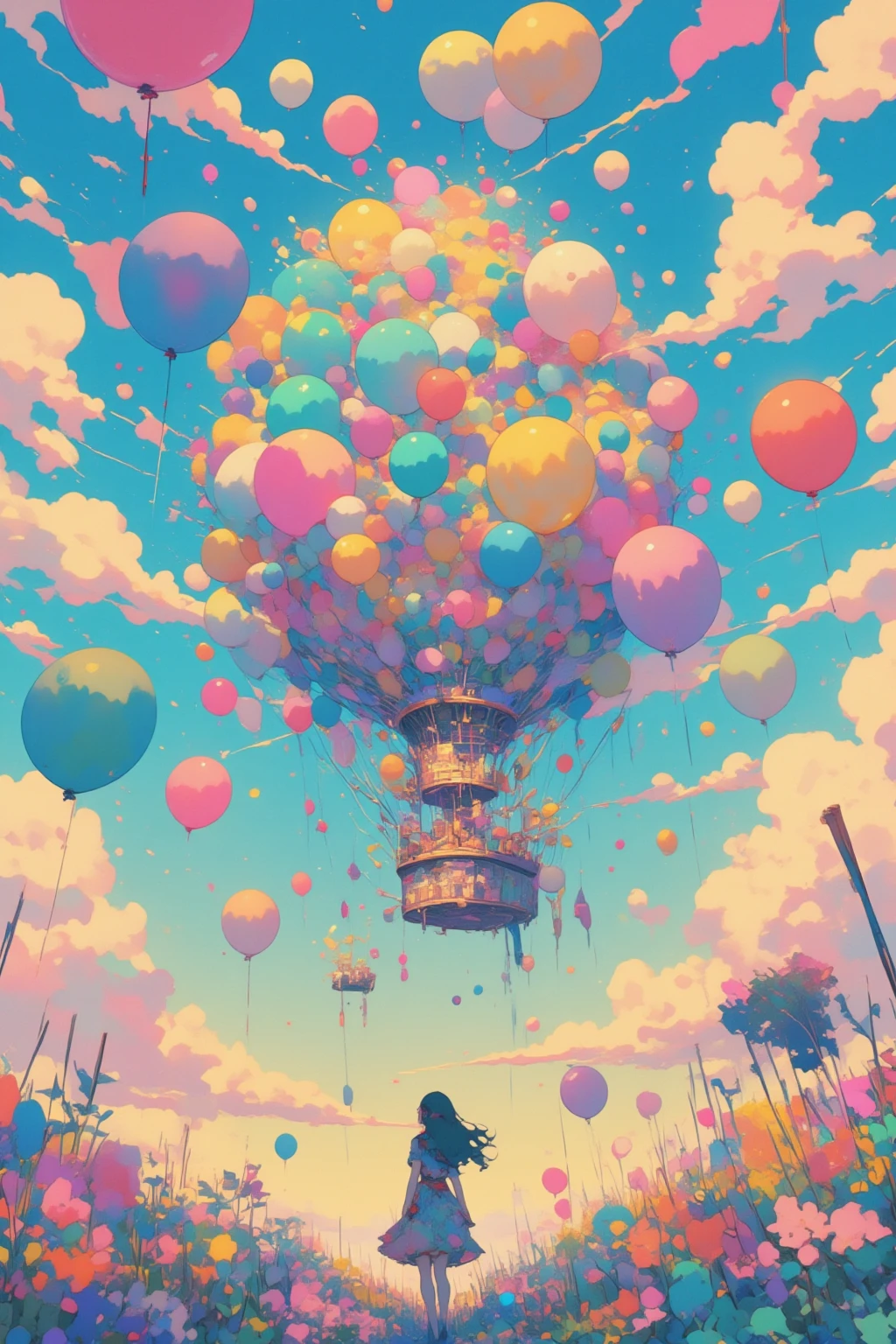  Picture of a woman flying through the sky with lots of balloons, fantastic fantasy landscape  ,   surreal concept art  ,   4k high definition digital art ,  high definition official artwork ,   fantasy matte paint ，   Fantasy Painting Style   ,   colorful concept art  ,  Magical Realism Matte Paint ,    Epic Surrealist 8K Oil Painting   