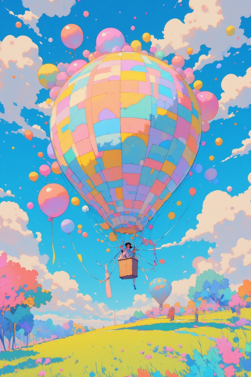  Picture of a woman flying through the sky with lots of balloons, fantastic fantasy landscape  ,   surreal concept art  ,   4k high definition digital art ,  high definition official artwork ,   fantasy matte paint ，   Fantasy Painting Style   ,   colorful concept art  ,  Magical Realism Matte Paint ,    Epic Surrealist 8K Oil Painting   