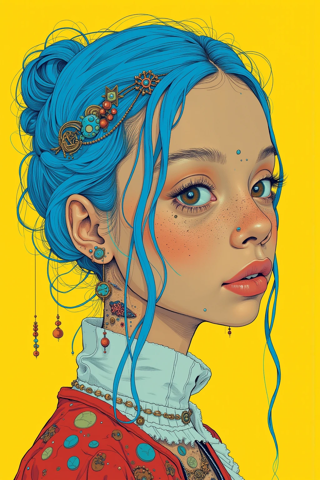   Painting of a Woman with Blue Hair on a Yellow Background  ,  Tristan Eaton ,  Tristan Eaton  & Greg Rutkowski,   James Gilliard and James Jean ,   James Jean Soft Light 4K  ,   Tristan Eaton 's wallpaper, Multilayered Artwork   , 3d portrait,   Cubism Lovers Will Love It 