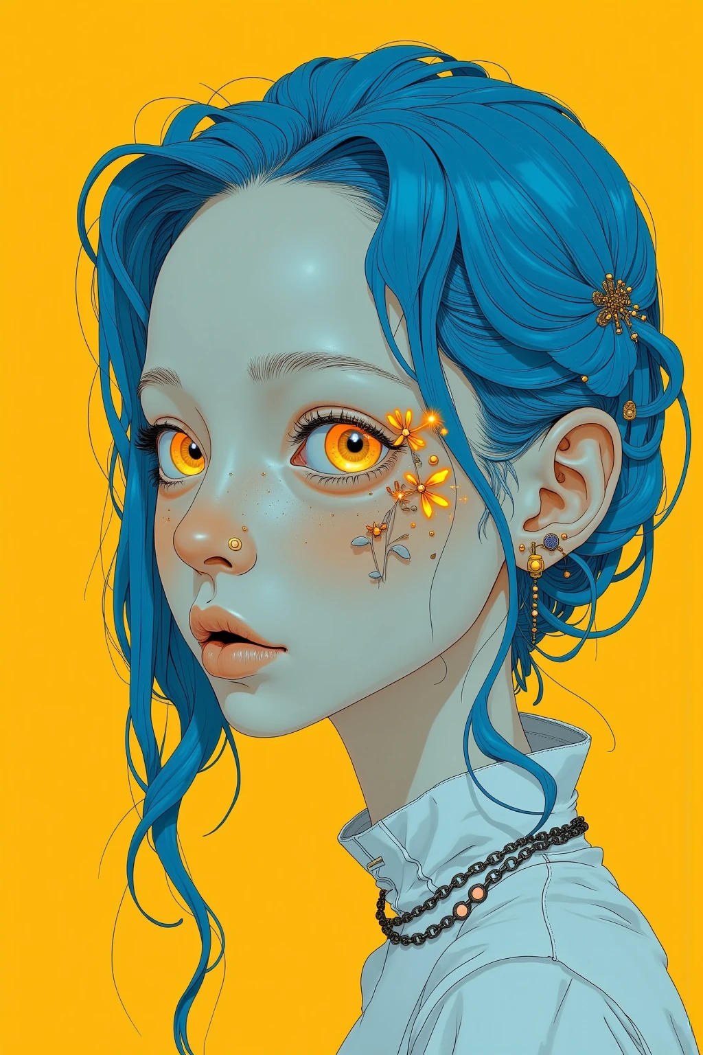   Painting of a Woman with Blue Hair on a Yellow Background  ,  Tristan Eaton ,  Tristan Eaton  & Greg Rutkowski,   James Gilliard and James Jean ,   James Jean Soft Light 4K  ,   Tristan Eaton 's wallpaper, Multilayered Artwork   , 3d portrait,   Cubism Lovers Will Love It 