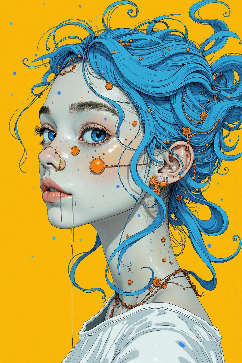   Painting of a Woman with Blue Hair on a Yellow Background  ,  Tristan Eaton ,  Tristan Eaton  & Greg Rutkowski,   James Gilliard and James Jean ,   James Jean Soft Light 4K  ,   Tristan Eaton 's wallpaper, Multilayered Artwork   , 3d portrait,   Cubism Lovers Will Love It 