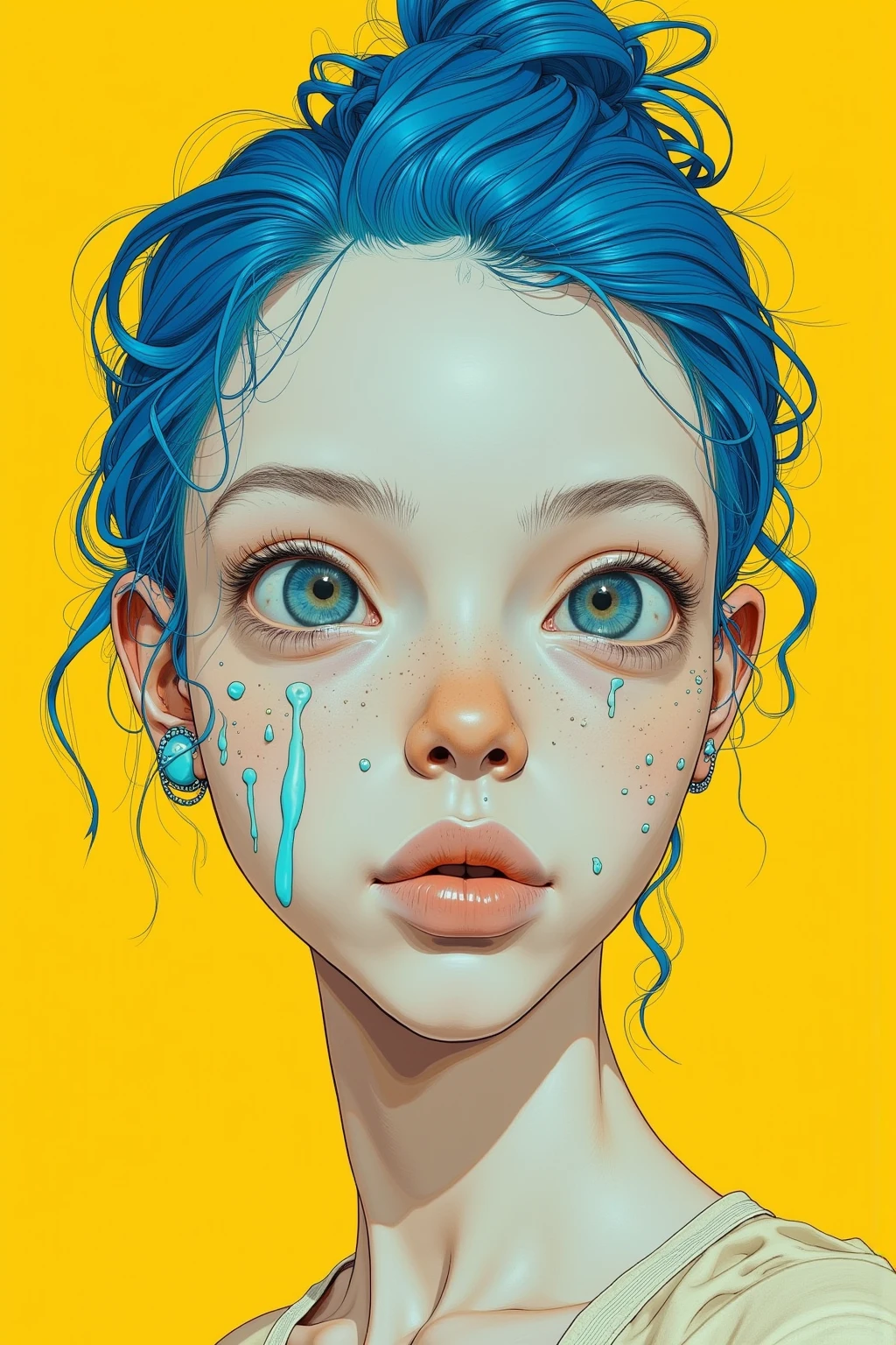   Painting of a Woman with Blue Hair on a Yellow Background  ,  Tristan Eaton ,  Tristan Eaton  & Greg Rutkowski,   James Gilliard and James Jean ,   James Jean Soft Light 4K  ,   Tristan Eaton 's wallpaper, Multilayered Artwork   , 3d portrait,   Cubism Lovers Will Love It 