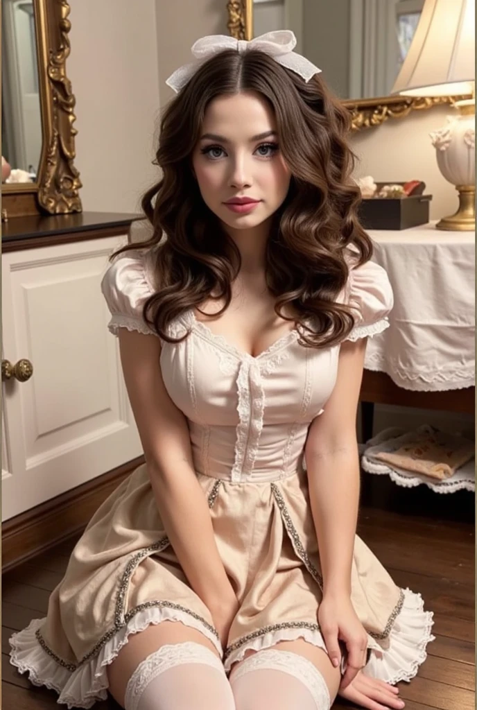 sissy, age 25, 8k (High definition), lumped shoulders, blue eyes, shy, lanky, tall, skinny arms, hunched back, long neck, heavy make up, rosey pink cheeks, long eyelashes, goth makeup, wearing a frilly hot pink ta dress, sissy, high petticoat skirt, bow in her hair, bow in her hair, white stockings, high heels, dressed as a drag queen, Caucasian skin, long brown hair, hair stylized wavy fresh out of the salon, very long curly dark brown hair, small perky breasts, polaroid photo