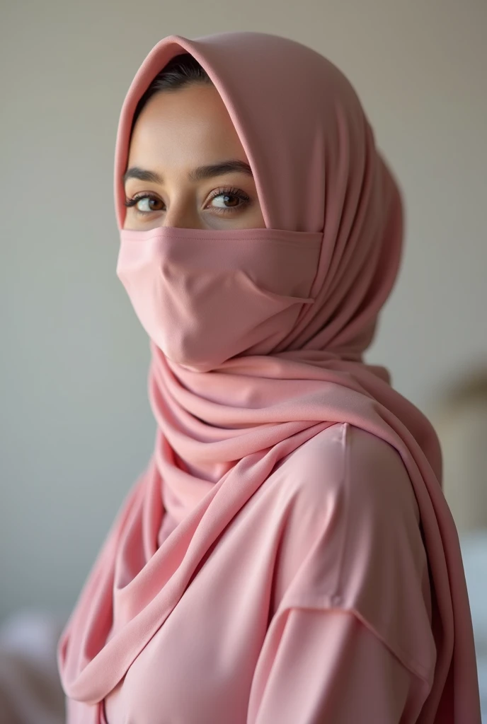 1girl, (chubby girl), (white long hijab), beautiful burqa's woman, ((pink bandana mask)), veiled, 8k selfie photograph, covered face, sitting in her car, Masterpiece, photorealistic, hdr, hd, ultra hd, detailed face, detailed eye, (perfect fingers), arabian style, 30 year old, (fullbody picture)