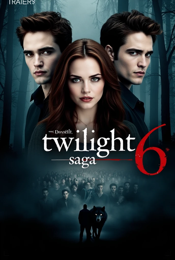 Create a poster for the movie "THE TWILIGHT SAGA 6 THE NEW CHAPTER"
The poster has a romantic, fantasy style, with supernatural and mysterious elements. The poster focuses on Bella Swan, Edward Cullen, and a large wolf (Jacob Black) with a deep forest setting and some other notable elements. The title of the movie "THE TWILIGHT SAGA 6" is placed in the middle of the poster, creating a mysterious feeling and standing ou with a deep forest setting and some other notable elements. The title of the movie "THE TWILIGHT SAGA 6" is placed in the middle of the poster, creating a mysterious feeling and standing out against the dark background. Above is a small line of text saying "THE NEW CHAPTER". Bella Swan (Kristen Stewart): In the center, she has a beautiful,  appearance, with sharp eyes. Edward Cullen (Robert Pattinson): To Bella's right, he has a ghostly appearance, with white skin and red eyes. Jacob Black (Taylor Lautner): To Bella's left, he has a strong appearance and determined eyes. At the bottom is an image of a crowd of other characters, adding depth and mystery. The poster's background is a deep forest, with tall trees and fog covering it. The background creates a dark, mysterious and somewhat scary feeling, showing the supernatural and hidden danger in the story. There is the word "TRAILER" placed in the upper left of the poster, indicating that this may be a poster advertising the movie's trailer. The poster has a romantic, fantasy style, with supernatural and mysterious elements. The poster layout is balanced, with the main characters placed in the center, and the deep forest setting creates a solid foundation for the story. The poster for "The Twilight Saga 6" is an impressive design that successfully conveys the romantic, mysterious, and supernatural atmosphere of the film. The images of the main characters, along with the deep forest setting and supernatural elements, create an effective promotional poster that attracts the audience's attention.