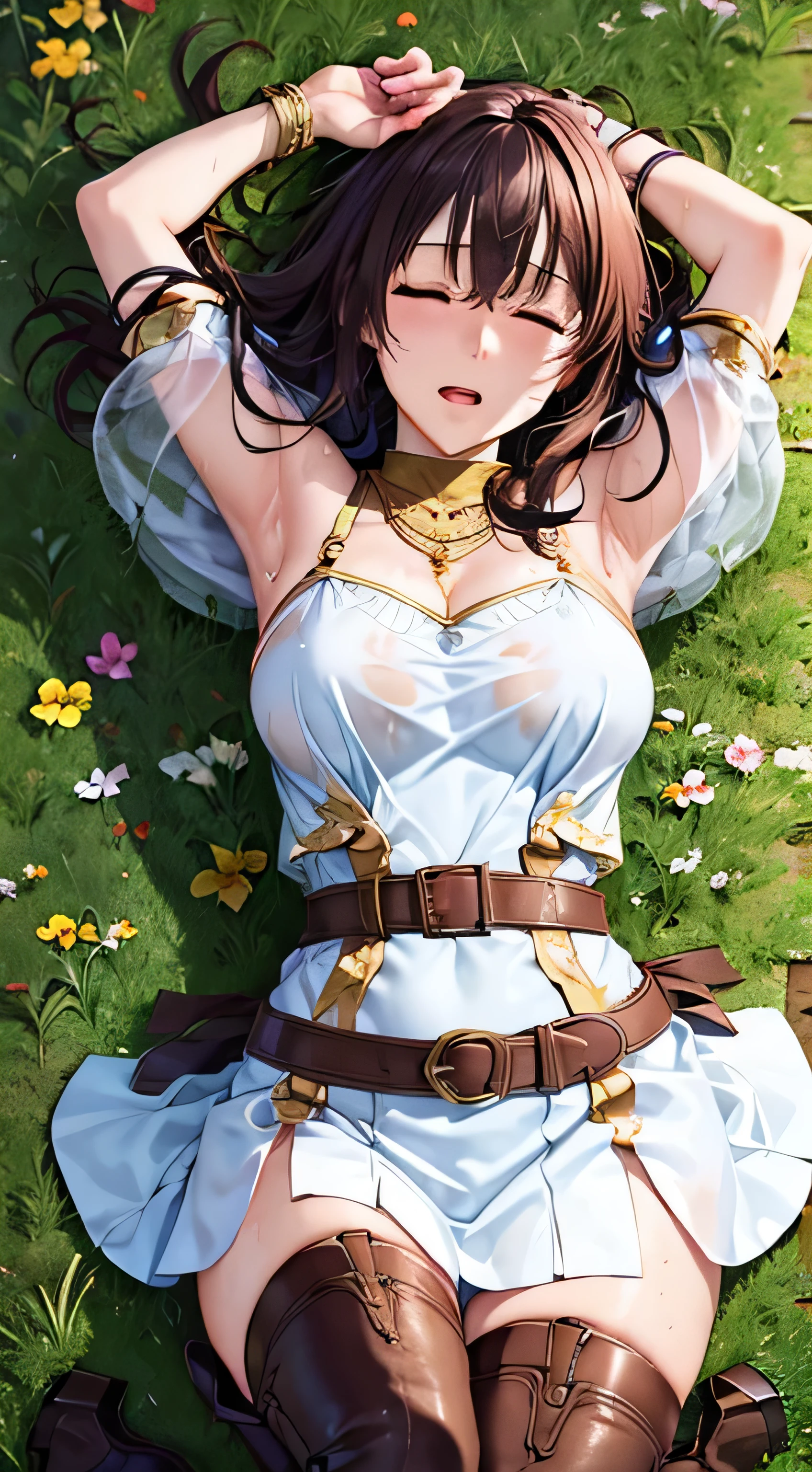 (( , top quality, , Pixel Perfect , 4K,))), 1 female , 、 (( medium wave hair 、, light brown hair 、 )), (( brown eyes , beautiful eyelashes , realistic eyes)), (( detailed face , )), (( smooth texture:0.75, realistic texture:0.65, realistic :1.1, anime CG style)), pose using medium bust , Dynamic Angles , perfect body , (( , ,, , , , wet white blue dress 、 white blue long flared skirt ,Gold Shoulder Armor 、 knee-high boots , gold and black arm guards , belt、 、)), (( ))、 cross necklace 、 、 ( Vast Prairie )、I can see the sea in the distance 、、、 、、((shy, Bright red face、 open her mouth 、 Please raise your chin 、 close your eyes)) 、Lying on the grass、、Look up、 spread your hands 、 pink female genitals with legs wide open on outdoor background 、)