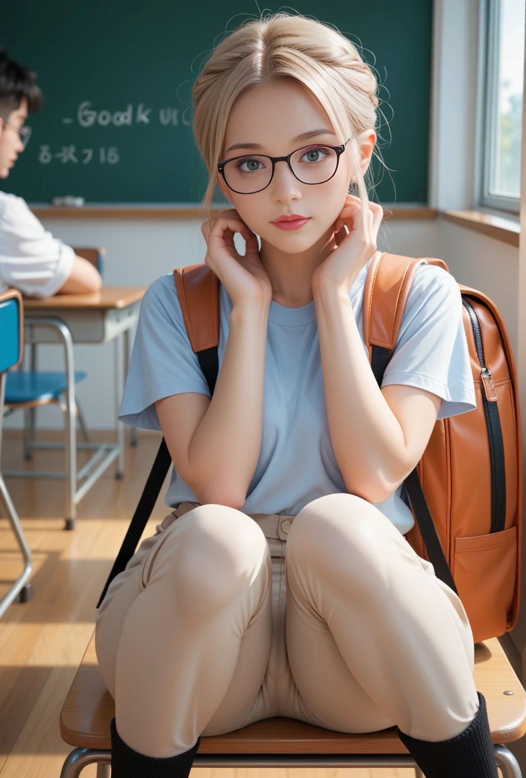 young woman sitting in front ,  legs open hands on her head, sexy ,  very tight beige pants , , good pink, , innocent, ,  in the classroom , with glasses and backpack ,  hairstyle with two tails,  knees raised