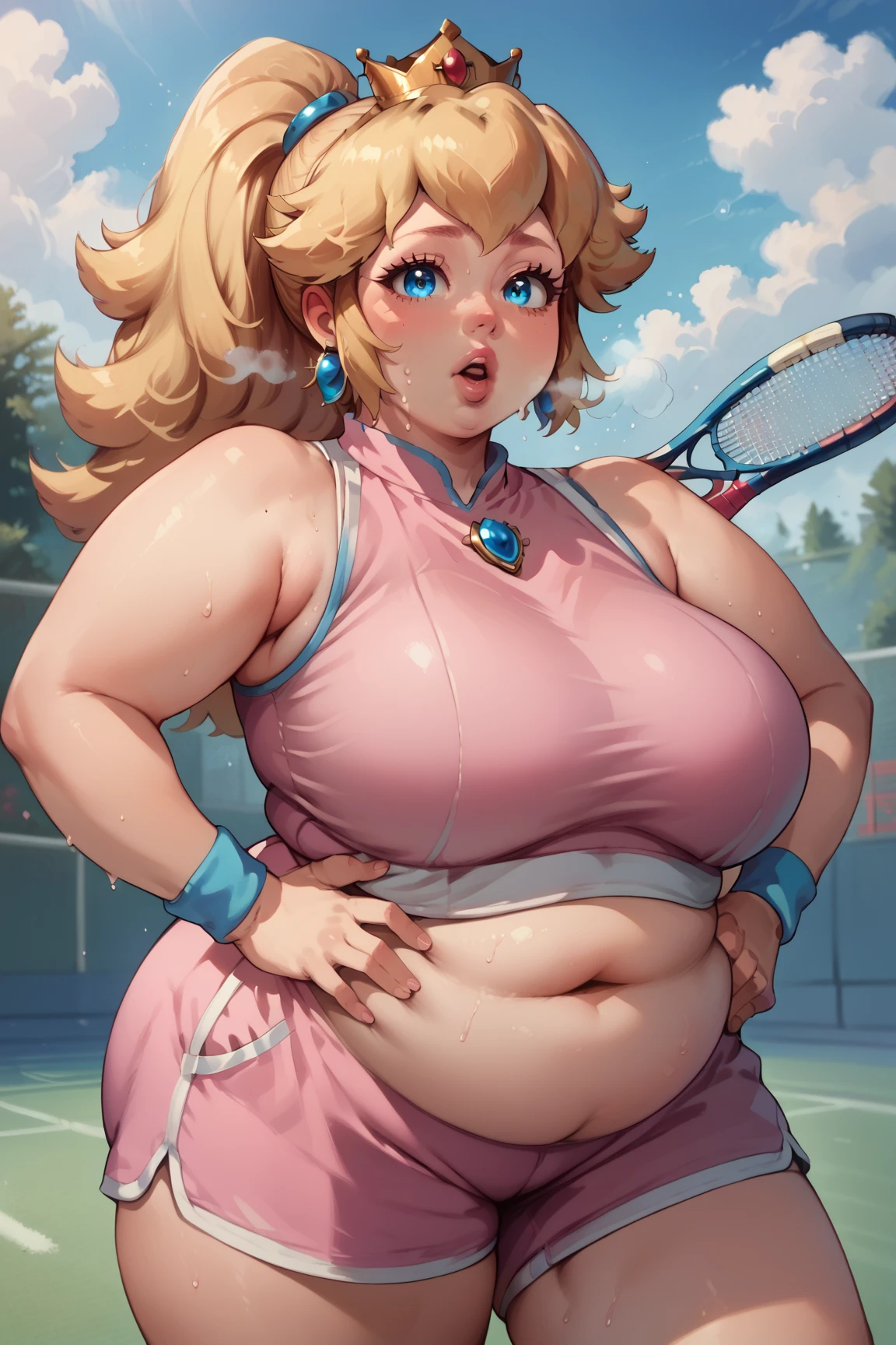 score_9_up, score_8_up, score_7_up, source_anime, (masterpiece, perfectly detailed, detailed face, detailed eyes, beautiful eyes), CuteMaster_PS, 1girl, princess peach, blonde hair, crown, blue eyes, ponytail, jewelry, tennis racket, sleeveless, earrings, ball, armpits, holding, medium breasts, half body, pink shorts, wristband, sportswear, parted lips, pink shirt, pink lips, out of breath, sweaty, open mouth, hands on hips, obese, chubby, big arms, thick thighs, tired exporession 