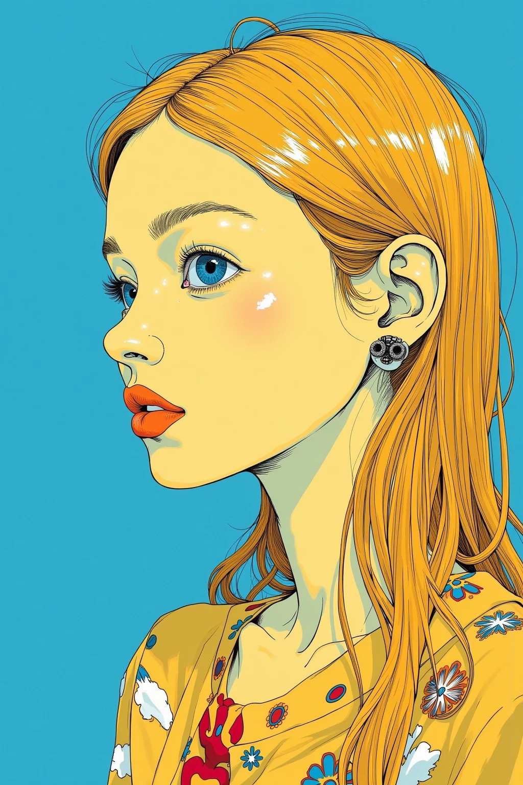   Painting of a Woman with yellow Hair on a blue Background  ,  Tristan Eaton ,  Tristan Eaton  & Greg Rutkowski,   James Gilliard and James Jean ,   James Jean Soft Light 4K  ,   Tristan Eaton 's wallpaper, Multilayered Artwork   , 3d portrait,   Cubism Lovers Will Love It 