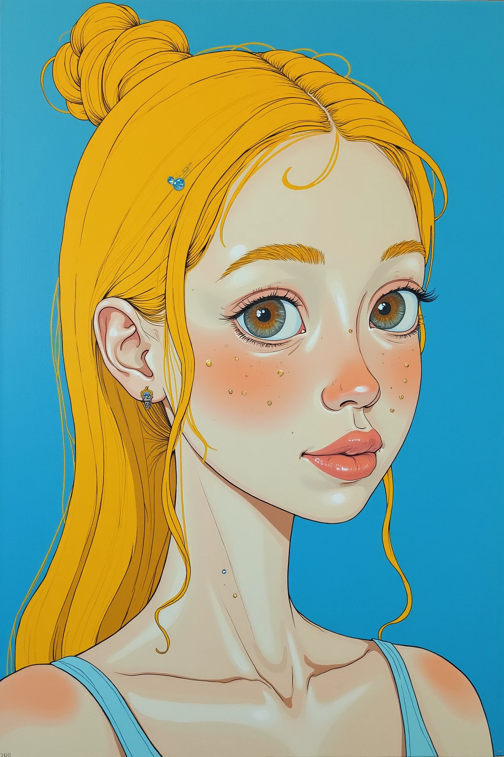   Painting of a Woman with yellow Hair on a blue Background  ,  Tristan Eaton ,  Tristan Eaton  & Greg Rutkowski,   James Gilliard and James Jean ,   James Jean Soft Light 4K  ,   Tristan Eaton 's wallpaper, Multilayered Artwork   , 3d portrait,   Cubism Lovers Will Love It 