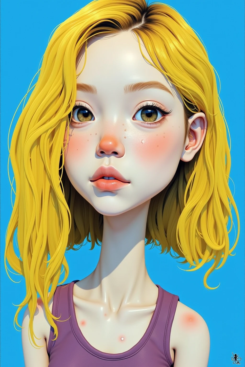   Painting of a Woman with yellow Hair on a blue Background  ,  Tristan Eaton ,  Tristan Eaton  & Greg Rutkowski,   James Gilliard and James Jean ,   James Jean Soft Light 4K  ,   Tristan Eaton 's wallpaper, Multilayered Artwork   , 3d portrait,   Cubism Lovers Will Love It 