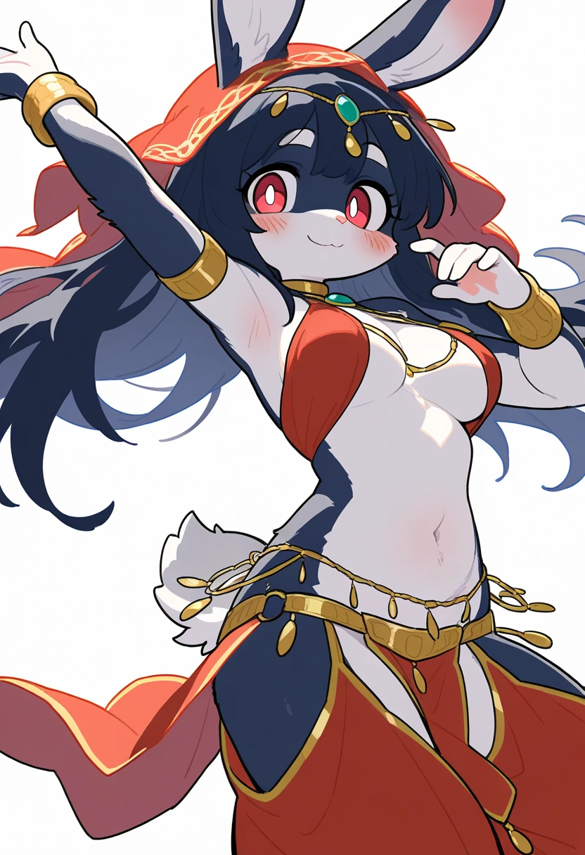 1girl, (furry, kemono:1.3), rabbit girl, animal nose, rabbit ears, rabbit tail, dancer, 1girl, breasts, long hair, navel, armpits, stomach, black hair, medium breasts, bare shoulders, blush, cleavage, black eyes, thighs, very long hair, harem outfit, veil, bracelet, armlet, earrings, revealing clothes, pants, pelvic curtain, circlet, gold trim, belly chain, choker, bangle, tassel, looking at viewer, arm up, standing, solo, midriff, white background, simple background, cowboy shot, jewelry, arabian clothes, smile, closed mouth, harem pants, hand up, gem, sfw, masterpiece, best quality, very aesthetic, absurdres