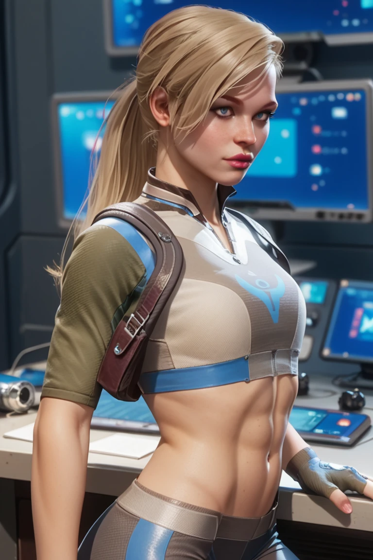 Best quality, ultra high res, photorealistic, SFW, with Cyberpunk 1girl sexy euro blonde hair is posing for a photo in a studio environment with a gray background, stand out, looking at the viewer, upper body, slender neckline, visible, croptop