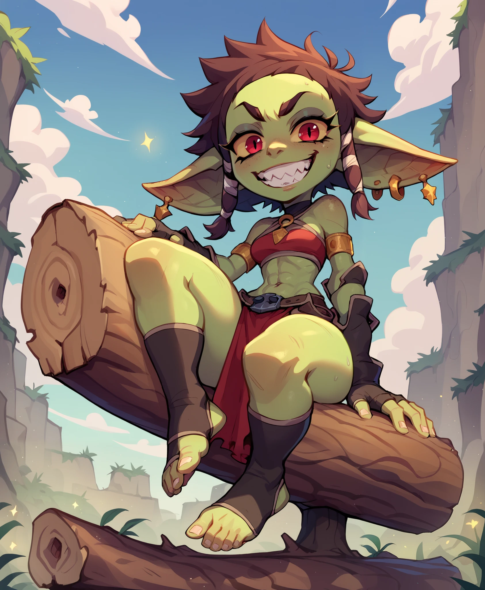 ((goblin)), ((masterpiece)), ((cartoon style)), {(toned body), (thicc figure), (eccentuated curves), (cute feet), (green skin), (short black spiky hair), (red eyes yellow sclera), (long eyelashes), (excited grin)}, {(red crop top), (midriff), (brown belt), (brown loin cloth), (stirrup socks)}, {(sitting on log), (looking at viewer)},