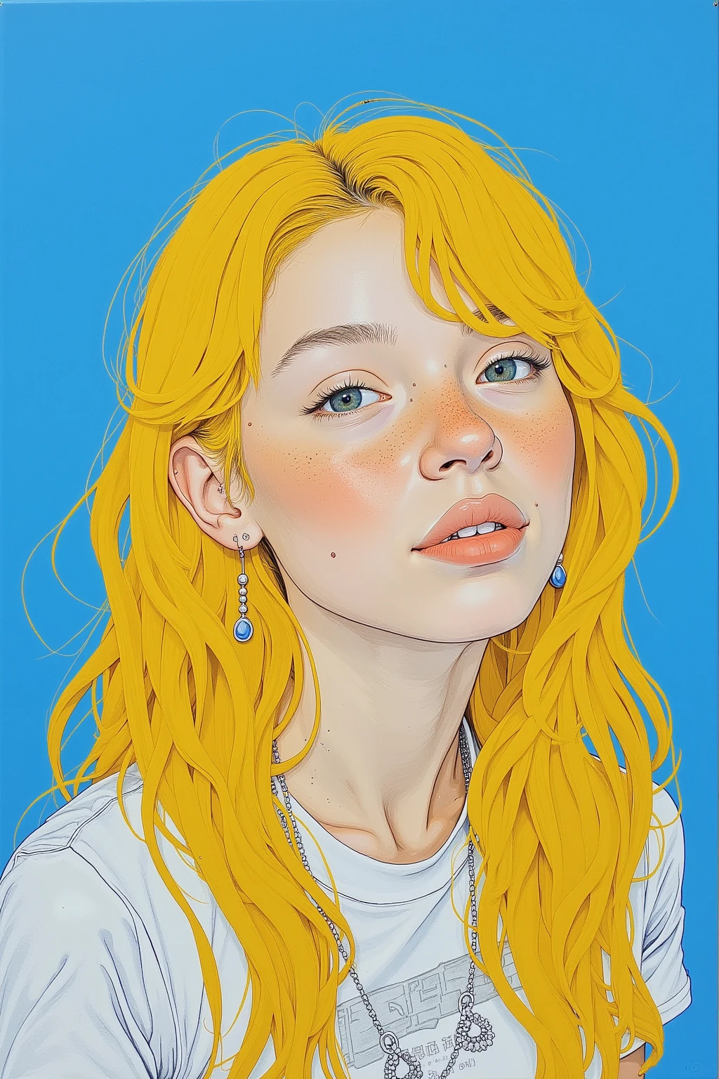   Painting of a Woman with yellow Hair on a blue Background  ,  Tristan Eaton ,  Tristan Eaton  & Greg Rutkowski,   James Gilliard and James Jean ,   James Jean Soft Light 4K  ,   Tristan Eaton 's wallpaper, Multilayered Artwork   , 3d portrait,   Cubism Lovers Will Love It 