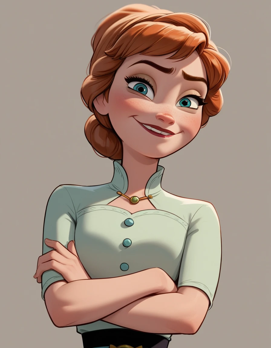 Anna,
(Disney Reference), solo, looking at viewer, from below, smug face, crossed arms, head tilt, sexy                              BREAK
score_9, score_8_up, score_7_up