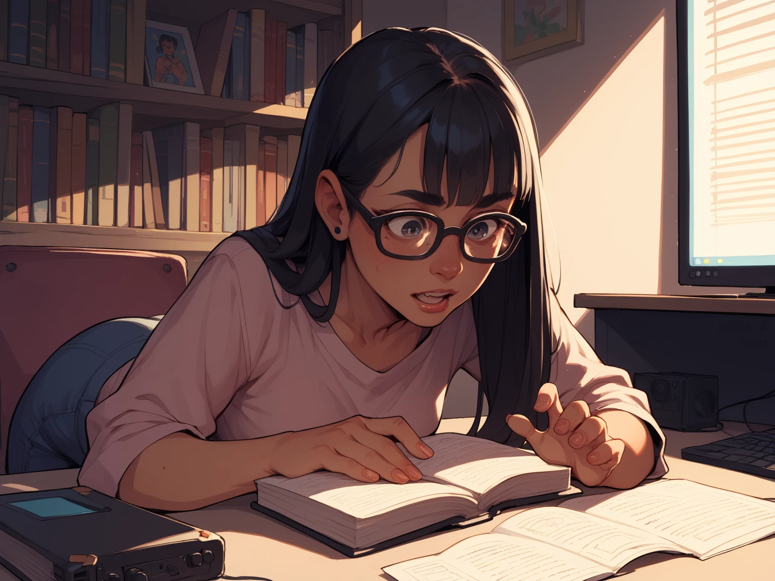 Married woman with dark hair and glasses playing PC games。American comic book style。