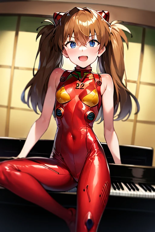 (( top quality )), ((masterpiece)), (be familiar with),  perfect face, indoor, bedroom,  Watching Viewers ,
One woman,  Soryu Asuka Langley,
 open mouth,  ecstatic expression beside the piano, blush, smile,
 small tits,  flat chest, Young girl, Lori,  s,  girl,
 long hair,  twin tails,
Leg spread,