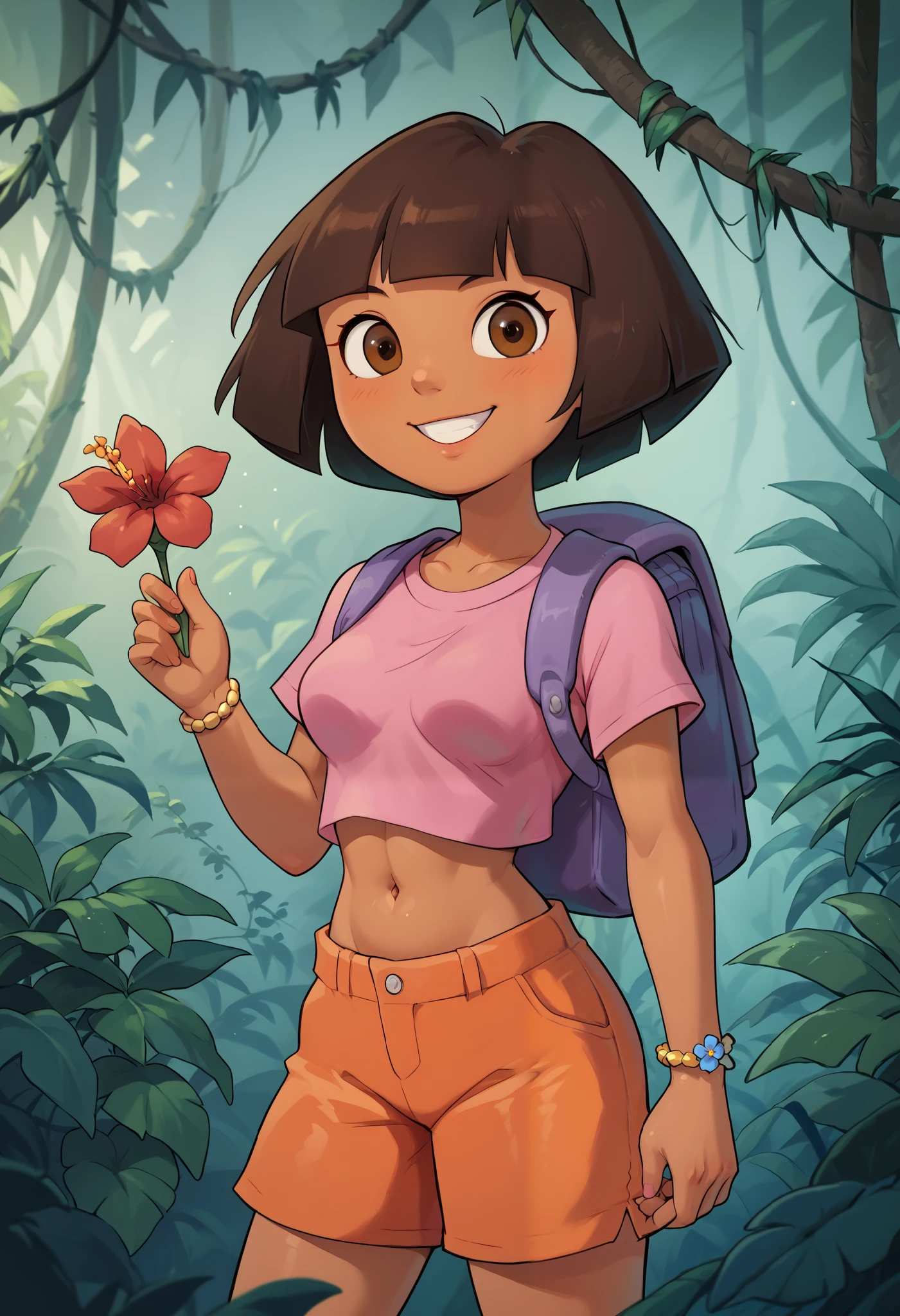  solo, cute, medium breasts, Dora, looking at you, grin, holding a flower, red flower, brown eyes, in a jungle outdoors, dark-skinned female, bob cut, (pink shirt), crop top, bare midriff, loose shirt, (orange shorts), bracelet, backpack, (slender athletic body), 