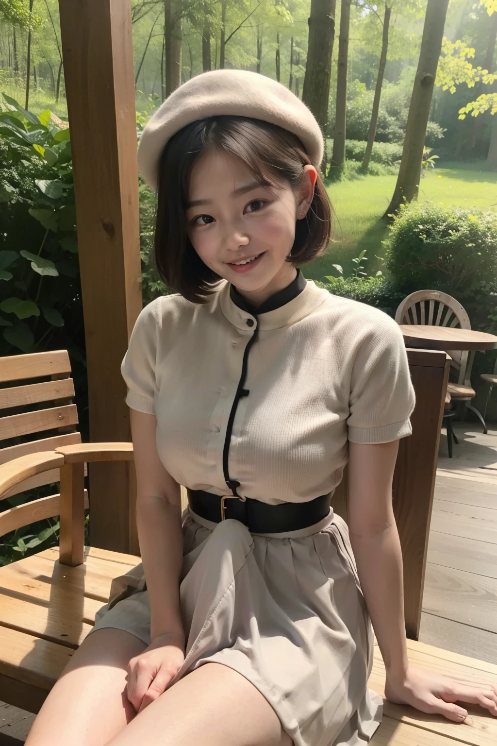 Photo Real、photoRealstic Beige hair、short-haired、Hair bouncing outward、Bounced hair、Messily bouncing hair、beret The contours of the face are round、small mouth、a small face、Long Eyes、elongated eyes、Young face、a baby face Fashionable clothes、Clothes with a collar、Beige long skirt、Long skirt sixteen years old、Young body、skinny body、Beautiful skins Laughing、Facial expressions to enjoy、Laughing expression、Have fun、Happy、Sit tastefully、Pose you are playing Background with、in woods、Sunlight shines in、Shade、Beautiful forest、Wooden chair