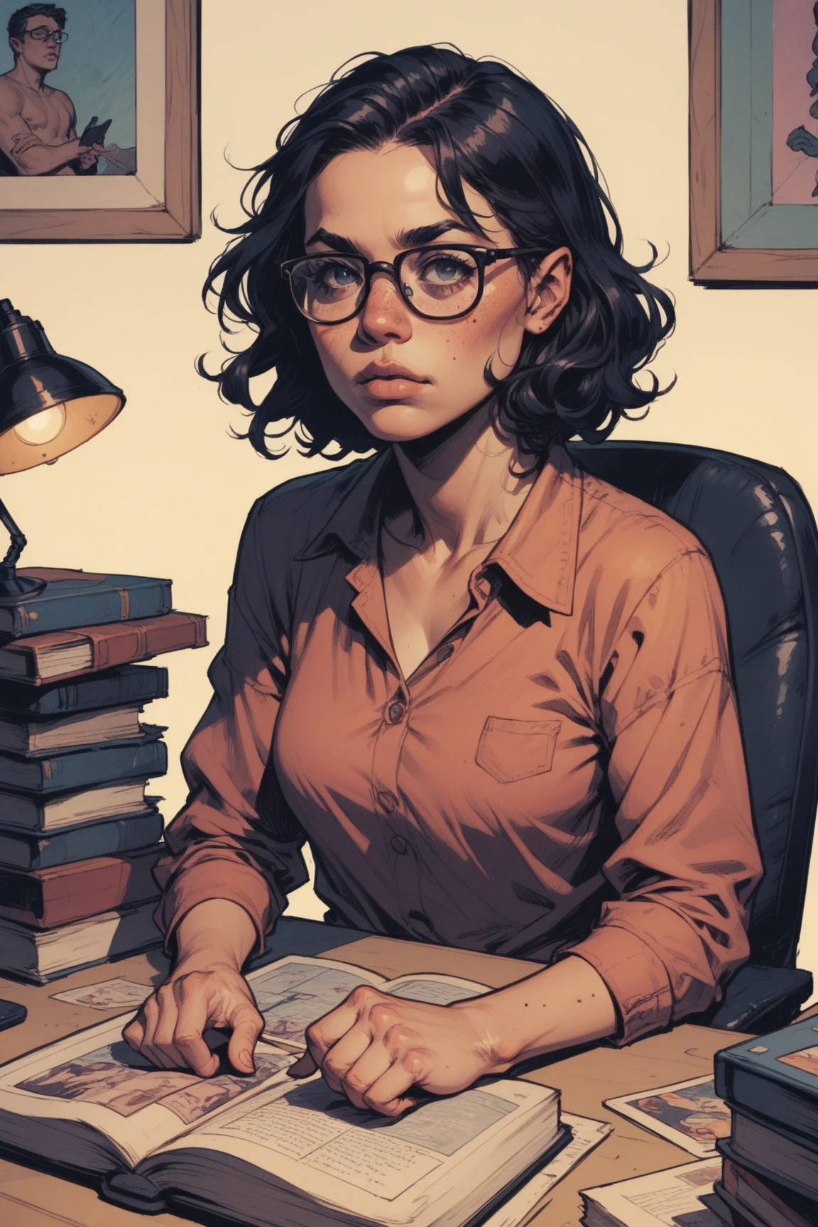 Married woman with dark hair and glasses playing PC games。American comic book style。