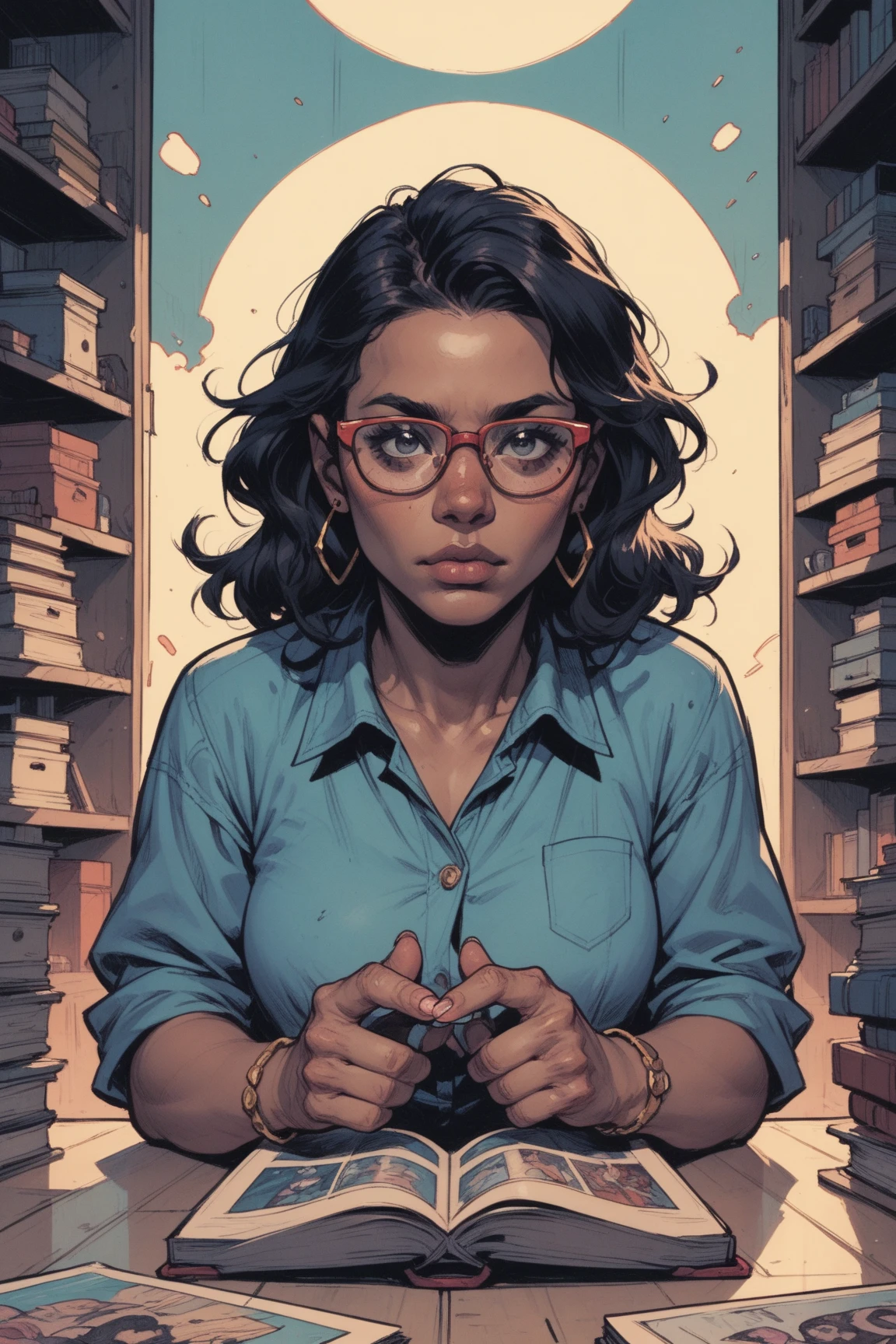 Married woman with dark hair and glasses playing PC games。American comic book style。