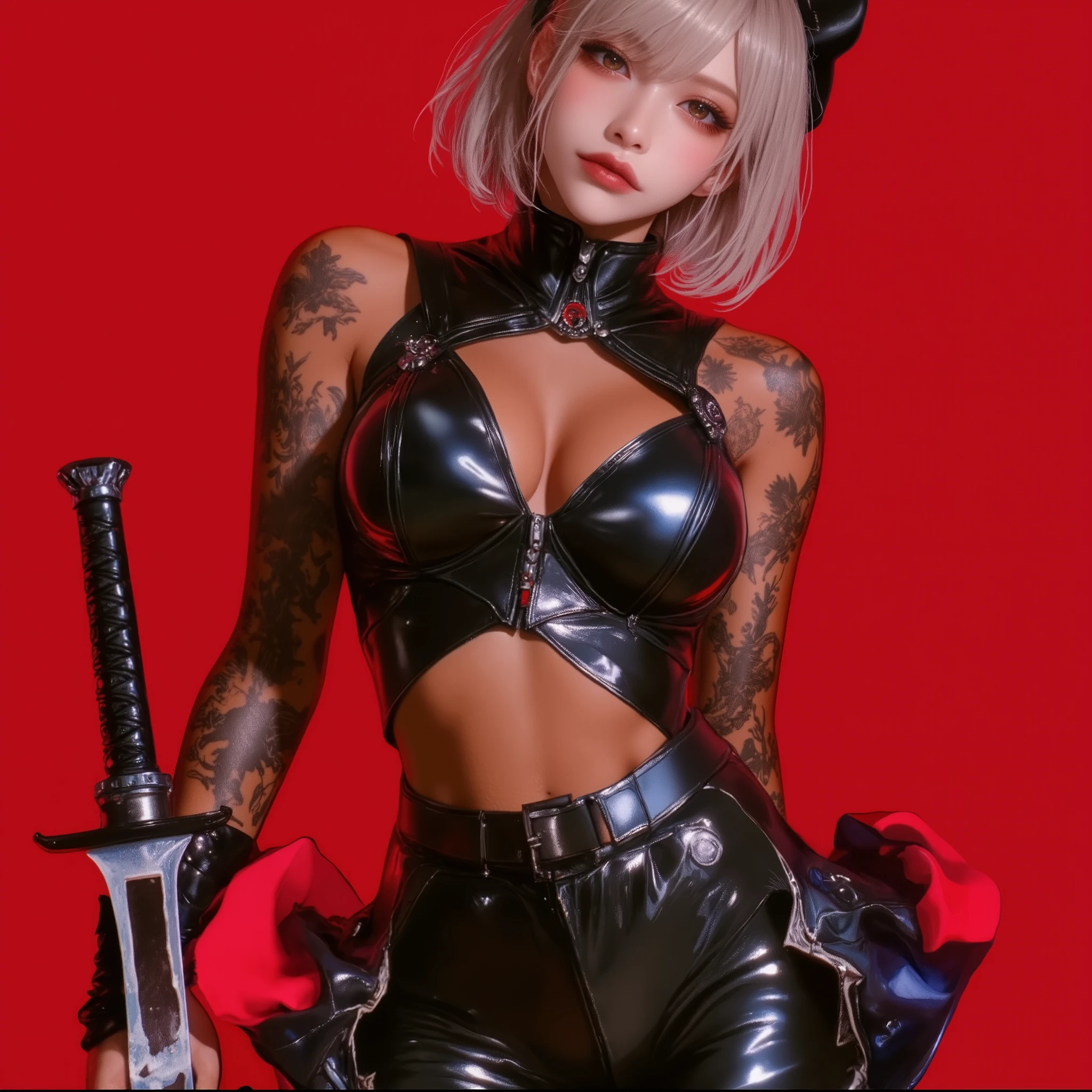 A beautiful blonde woman with short hair, wearing a black leather outfit and holding a samurai sword, stands in a cyberpunk art style in the style of Kuvshinov Ilya. The character's body is covered in tattoos of figures from the Dark Souls video game, including on the shoulders. The background is red, and this is a concept art piece. --ar 3:4 --style raw --stylize 250 --v 6.1