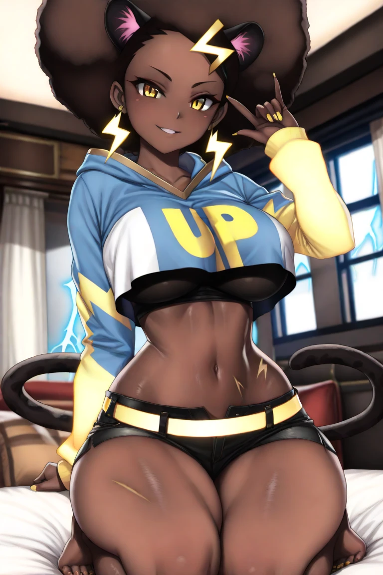 goblin girl, blue hair, very long hair, dark_ skin, dark skin goblin, wide body, very dark skin girl, busty, hair between eyes, twintails, chubby, chubby girl, chubby girl goblin, wide hips, blue eyes, mole, mole on chest, age up, lips, big lips, thick eyebrows, body with fur, tusk, short girl, short goblin girl twintails, short girl, highly detailed, high quality, best quality, 8k, full body, fat, fat girl, fat goblin, smile, casual clothes, pants, sneakers, neckline, waving, lying down, sexy girl, Hoodie