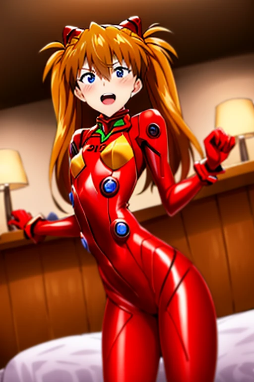 (( top quality )), ((masterpiece)), (be familiar with),  perfect face, indoor, bedroom,  Watching Viewers ,
One woman,  Soryu Asuka Langley,
 open mouth,  ecstatic expression beside the piano, blush, smile,
 small tits,  flat chest, Young girl, Lori,  s,  girl,
 long hair,  twin tails,
Leg spread,