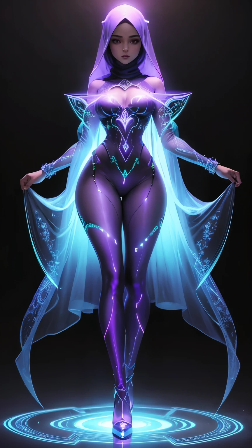 A hijab woman with a glowing aura outline, full body standing, skinny body, wearing an intricate, luminous outfit that radiates neon purple light, with an hourglass figure and delicate facial features