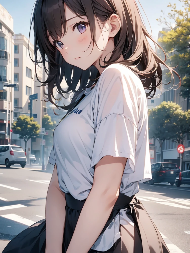 (((profesional: paso a paso, taking into account even the smallest detail, Resultado final a nivel de Dios, imagen: todos los detalles intrincados, todo el cuerpo con detalles intrincados, Solo 1girl, tiro medio largo)))): " una chica, dark brown hair, pelo largo(cola de caballo atada a una cinta azul), flequillo largo, ojos rojos, ojos bonitos, Cuerpo perfecto, muslos gruesos, manos perfectas, camiseta blanca, blue long raglan sleeves, pantalones cortos rojos (Textura de mezclilla), Shy pose, en bosque abandonado, columnas griegas abandonadas, Restos, Autumn, Atardecer, Colored tabs, white lashes"