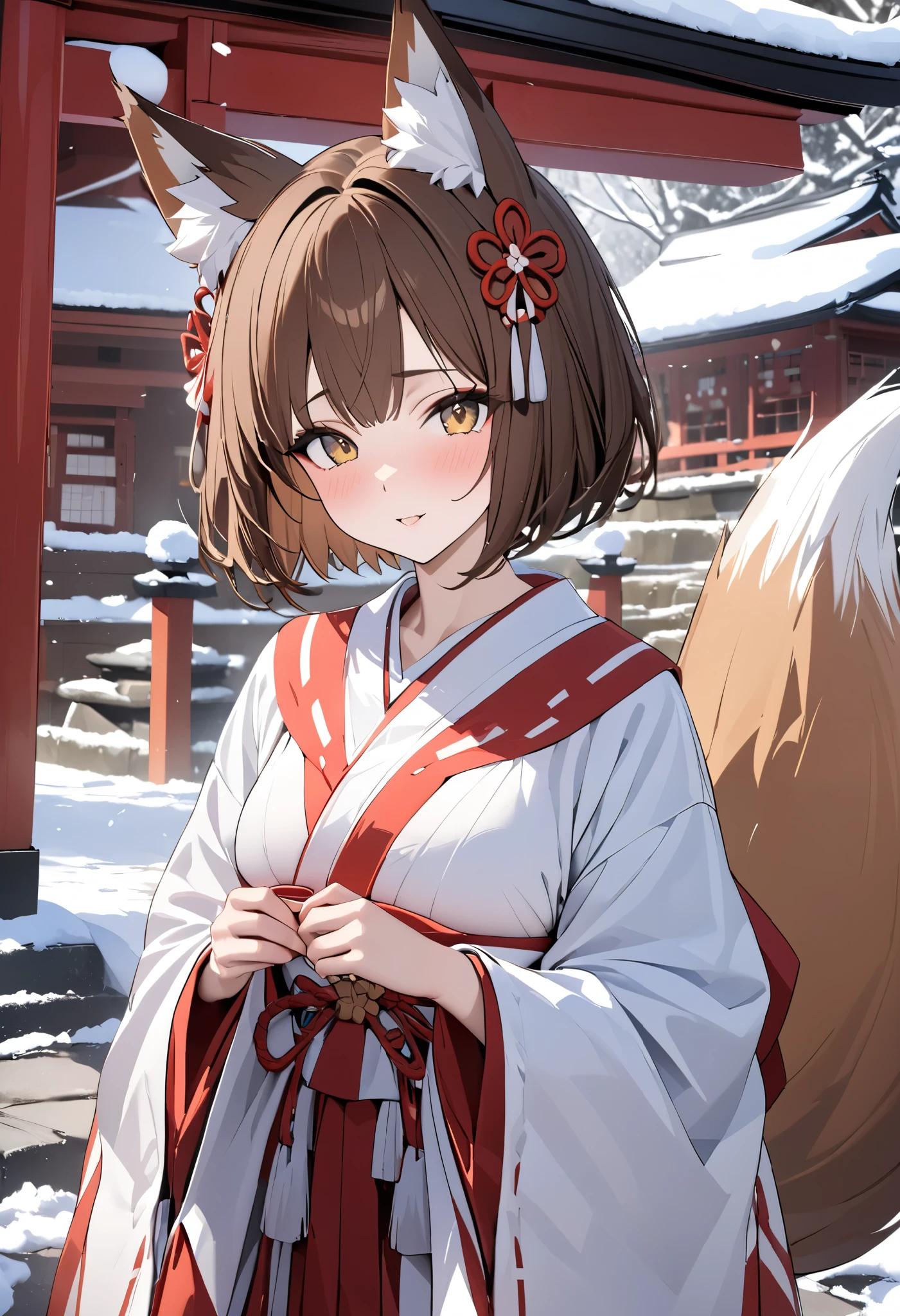 (((Best quality, 8k, Masterpiece: 1.3)), ((best quality)), ((masterpiece)), (detailed), perfect face, brown hair, short hair, fox ears, Japanese shrine maiden, New Year, shrine, shrine maiden costume, fox tail, snow