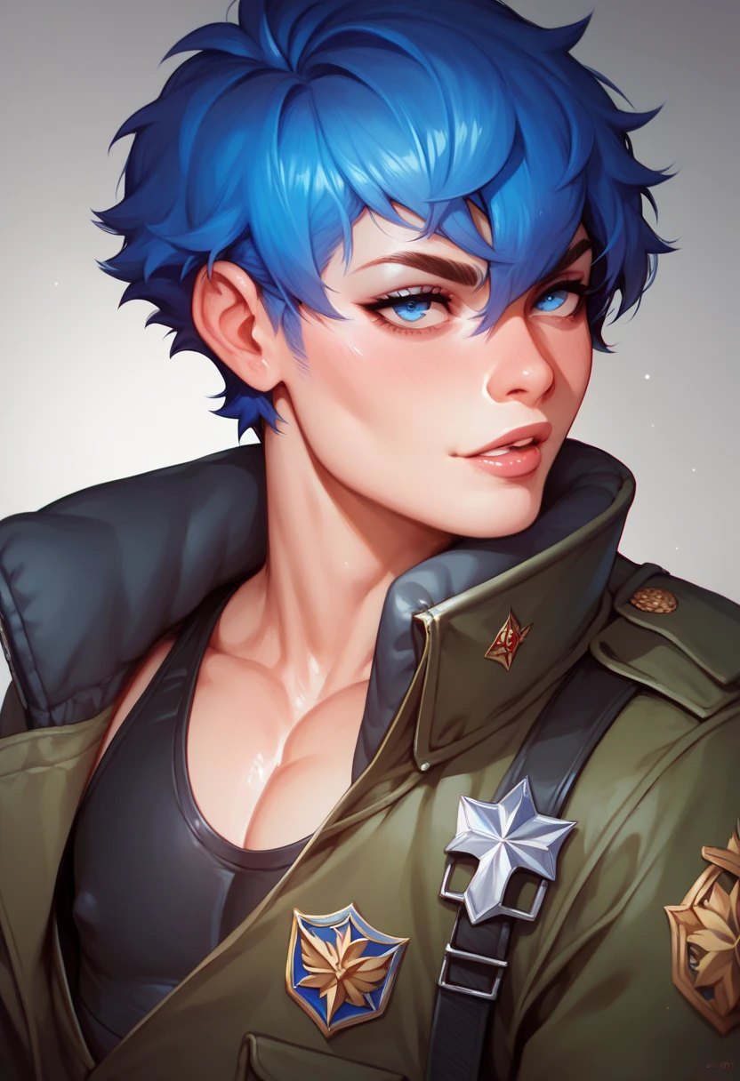  Handsome 17-year-old boy
Effeminate
Blue eyes
Short messy blue hair with black gradient, wearing a military commander's suit, giving a press conference,  thin and delicate body , femboy,