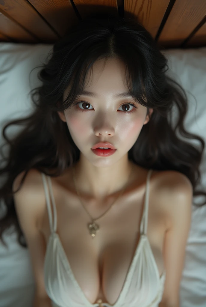 a top view full shot of a stunning shapely and ***** 20 year old japanese woman taking a selfie lying on her bed, she has an intense ********** ******* face and soft saggy ********, wearing white top ****, sharp focus, photography, high quality photo, stock photo quality