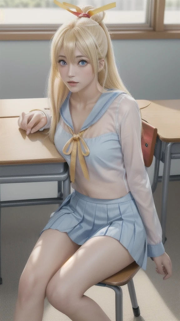 landscape of an woman, (((close up shot))), (((half body photo)))!!!,  photography with Fujifilm XT3, depth of field, film grain, lens flare, (front focus)!!, female focus, dynamic lighting, volumetric lighting, Kirisaki Chitoge /(Nisekoi/), anime style, (((sit down chair at the classroom)))!!!, (The beauty and brilliance of sakura's tree outside the window _The tranquility and beauty of a world of japaneese school)!, (((looks at the camera with beautiful light blue eyes)))!!, Ultra detailed eyes, (Beautiful light blue eye's like sapphire :1.40)!!, Stars in her fixed eyes, (homochromatic eyes)!!!, ((narrow eyes))!!, seductive smile, long sleevemouth, (fresh thin lips)!, (Blush)!! Perfect nose, Cute little nose, Face Clean, hyper realistic skin, Hyper-detailing of eyebrows throught pony, (light yellow hair between eyes)!, light yellow hair bangs, (ultra shine light yellow hair)!!, (((long smooth thick straight light yellow hair)))!!!, ((((hair ornament with symmetrical red ribbon))))!!!!, ((((symemetrical red ribbon))))!!!!, ((dynamic composition)), ((Gudybag above table))!!, detached sleeves, /(((wear school uniform_original costume of kirisaki chitoge/)))!!!, ((white shirt serafuku_blue sailor collarbone)))!!!, (light orange necktie), (((pleated light blue skirt)))!!!, vivid color clothes, detailed realistic clothes, plump breasts, (plump breast covered with white silk)!!, ((see through thighs))!!, (tighhighs)!, slim legs, ((see through smooth thighs))!!, Best Quality, Masterpiece, Ultra-detailed, Beautiful, hight resolution, Original, CG 8K, perfect photo, dramatic lighting, (Realistic)!, Full HD, Best Quality, Beautiful lighting, (8k wallpaper of extremely detailed CG unit), High Details, sharp-focus, The art of dramatic and photorealistic painting, ((at the japaneese classroom)), dynamic composition, breathtaking rendering, deep shadow, strong color