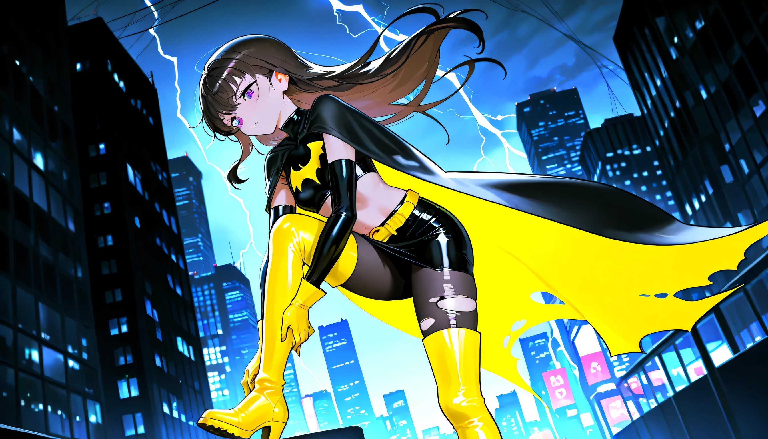 a brunette , latex black crop top with yellow bat logo, black mini latex mini skirt, her hair is pulled, torn costume, torn pantyhose, yellow knee-high boots, yellow-black cape, dark rainy night, Batgirl standing looking down to city on top of a Gotham skyscraper at night,, her cape flowing dramatically. She has sharp, defined features, The city skyline is illuminated with lightning in the background.