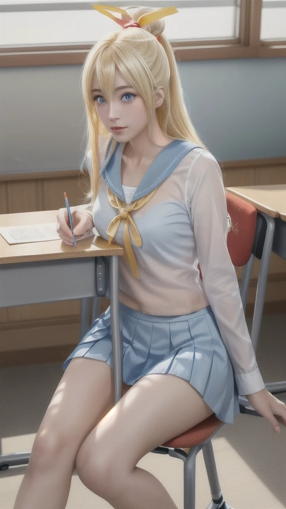 landscape of an woman, (((close up shot))), (((half body photo)))!!!,  photography with Fujifilm XT3, depth of field, film grain, lens flare, (front focus)!!, female focus, dynamic lighting, volumetric lighting, Kirisaki Chitoge /(Nisekoi/), anime style, (((sit down chair at the classroom)))!!!, (The beauty and brilliance of sakura's tree outside the window _The tranquility and beauty of a world of japaneese school)!, (((looks at the camera with beautiful light blue eyes)))!!, Ultra detailed eyes, (Beautiful light blue eye's like sapphire :1.40)!!, Stars in her fixed eyes, (homochromatic eyes)!!!, ((narrow eyes))!!, seductive smile, long sleevemouth, (fresh thin lips)!, (Blush)!! Perfect nose, Cute little nose, Face Clean, hyper realistic skin, Hyper-detailing of eyebrows throught pony, (light yellow hair between eyes)!, light yellow hair bangs, (ultra shine light yellow hair)!!, (((long smooth thick straight light yellow hair)))!!!, ((((hair ornament with symmetrical red ribbon))))!!!!, ((((symemetrical red ribbon))))!!!!, ((dynamic composition)), ((Gudybag above table))!!, detached sleeves, /(((wear school uniform_original costume of kirisaki chitoge/)))!!!, ((white shirt serafuku_blue sailor collarbone)))!!!, (light orange necktie), (((pleated light blue skirt)))!!!, vivid color clothes, detailed realistic clothes, plump breasts, (plump breast covered with white silk)!!, ((see through thighs))!!, (tighhighs)!, slim legs, ((see through smooth thighs))!!, Best Quality, Masterpiece, Ultra-detailed, Beautiful, hight resolution, Original, CG 8K, perfect photo, dramatic lighting, (Realistic)!, Full HD, Best Quality, Beautiful lighting, (8k wallpaper of extremely detailed CG unit), High Details, sharp-focus, The art of dramatic and photorealistic painting, ((at the japaneese classroom)), dynamic composition, breathtaking rendering, deep shadow, strong color