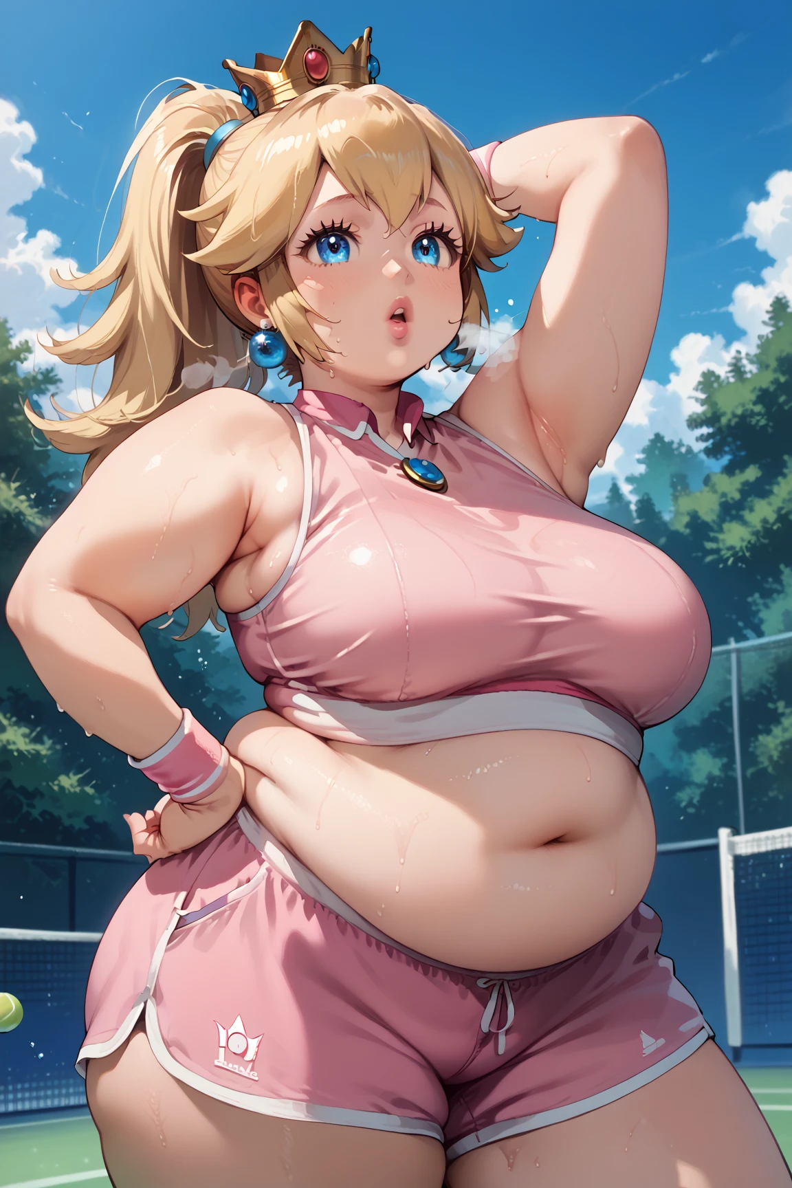 score_9_up, score_8_up, score_7_up, source_anime, (masterpiece, perfectly detailed, detailed face, detailed eyes, beautiful eyes), CuteMaster_PS, 1girl, princess peach, blonde hair, crown, blue eyes, ponytail, jewelry, tennis racket, sleeveless, earrings, ball, armpits, holding, medium breasts, half body, pink shorts, wristband, sportswear, parted lips, pink shirt, pink lips, out of breath, sweaty, open mouth, hands on hips, obese, chubby, big arms, thick thighs, tired exporession, exposed belly 