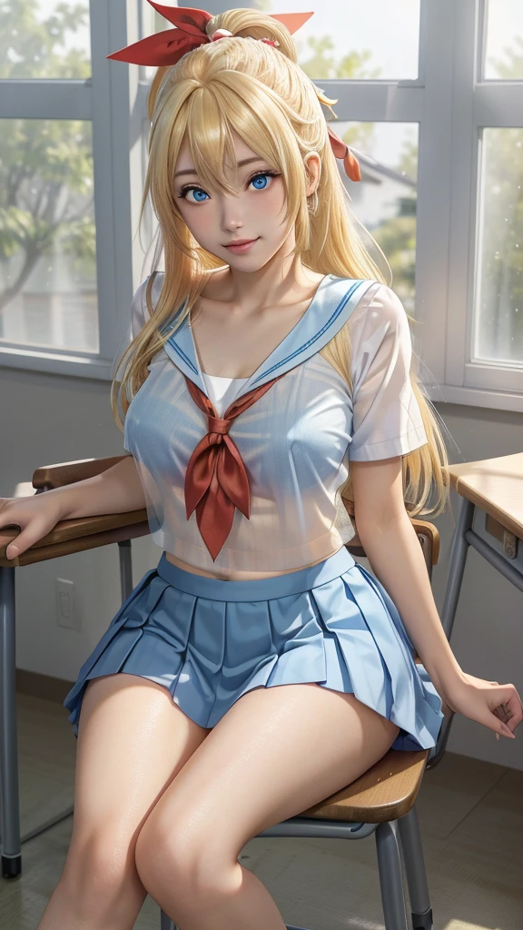 landscape of an woman, (((close up shot))), (((half body photo)))!!!,  photography with Fujifilm XT3, depth of field, film grain, lens flare, (front focus)!!, female focus, dynamic lighting, volumetric lighting, Kirisaki Chitoge /(Nisekoi/), anime style, (((sit down chair at the classroom)))!!!, (The beauty and brilliance of sakura's tree outside the window _The tranquility and beauty of a world of japaneese school)!, (((looks at the camera with beautiful light blue eyes)))!!, Ultra detailed eyes, (Beautiful light blue eye's like sapphire :1.40)!!, Stars in her fixed eyes, (homochromatic eyes)!!!, ((narrow eyes))!!, seductive smile, long sleevemouth, (fresh thin lips)!, (Blush)!! Perfect nose, Cute little nose, Face Clean, hyper realistic skin, Hyper-detailing of eyebrows throught pony, (light yellow hair between eyes)!, light yellow hair bangs, (ultra shine light yellow hair)!!, (((long smooth thick straight light yellow hair)))!!!, ((((hair ornament with symmetrical red ribbon))))!!!!, ((((symemetrical red ribbon))))!!!!, ((dynamic composition)), ((Gudybag above table))!!, detached sleeves, /(((wear school uniform_original costume of kirisaki chitoge/)))!!!, ((white shirt serafuku_blue sailor collarbone)))!!!, (light orange necktie), (((pleated light blue skirt)))!!!, vivid color clothes, detailed realistic clothes, plump breasts, (plump breast covered with white silk)!!, ((see through thighs))!!, (tighhighs)!, slim legs, ((see through smooth thighs))!!, Best Quality, Masterpiece, Ultra-detailed, Beautiful, hight resolution, Original, CG 8K, perfect photo, dramatic lighting, (Realistic)!, Full HD, Best Quality, Beautiful lighting, (8k wallpaper of extremely detailed CG unit), High Details, sharp-focus, The art of dramatic and photorealistic painting, ((at the japaneese classroom)), dynamic composition, breathtaking rendering, deep shadow, strong color