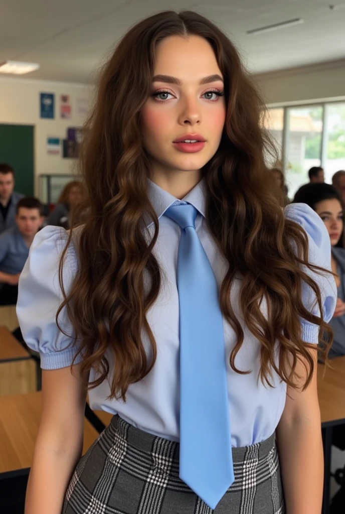 sissy, age 25, 8k (High definition), lumped shoulders, blue eyes, shy, lanky, tall, skinny arms, small breasts, sexy school girl, prep school uniform, smiling, cute girl, seductive look, plaid skirt, classroom background, , Caucasian skin, very long curly dark brown hair, 