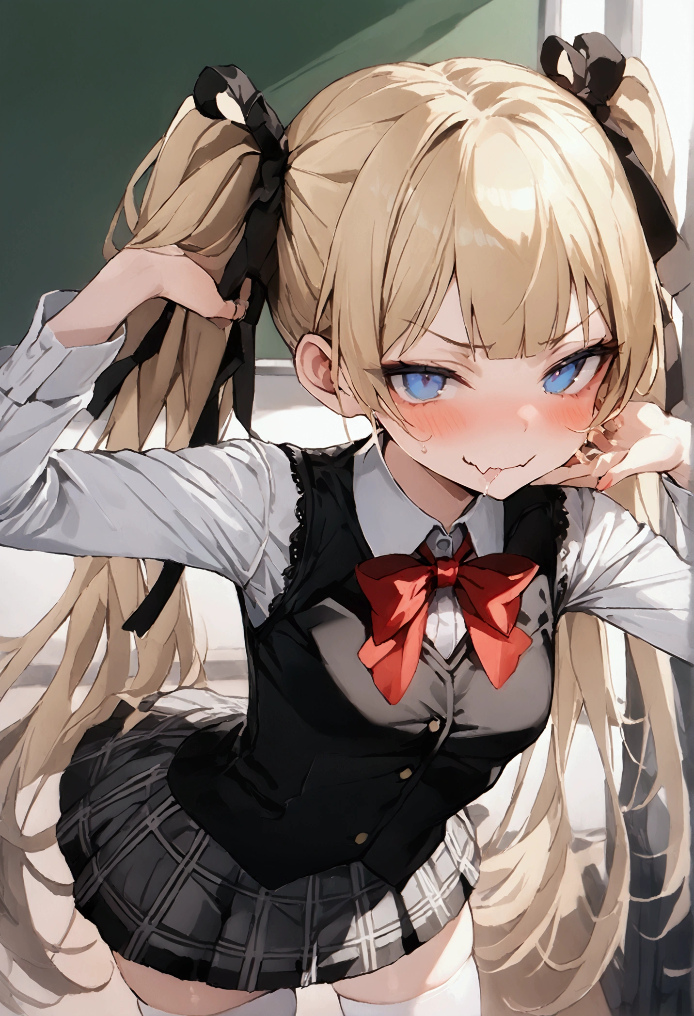 score_9,score_8_up,score_7_up,source_anime,masterpiece,best quality,1girl,solo,_girl,grace_xx,balls_deep,deepthroat,irrumatio,hands on head,ejaculating in mouth, Marie rose, small breasts, one girl、 blonde hair、 Long Hair、twin tails、blunt bangs、 blue eyes, ((masterpiece、 top quality、 very detailed))、 One Girl 、 black hair、twintailsblue eyes、mesugaki, smug, skin fang, (( small breasts))、(( White collared shirt ))、((black cardigan vest))、 bow tie 、((gray plaid skirt))、((micro miniskirt))、((white thighhighs))、 Cowboy Shot 、 Classroom Background , shiny skin