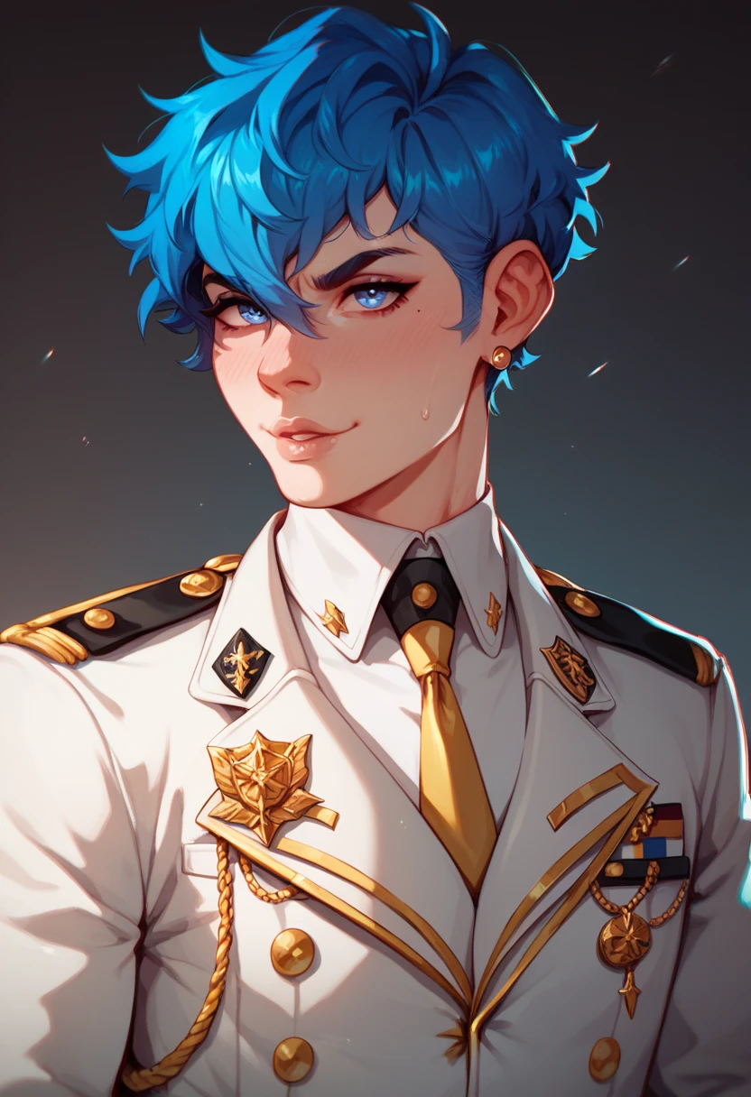  Handsome 17-year-old boy
Effeminate
Blue eyes
Short messy blue hair with black gradient,  wearing a military commander's suit,  thin and delicate body , femboy, There's a trans flag behind him, dictator 