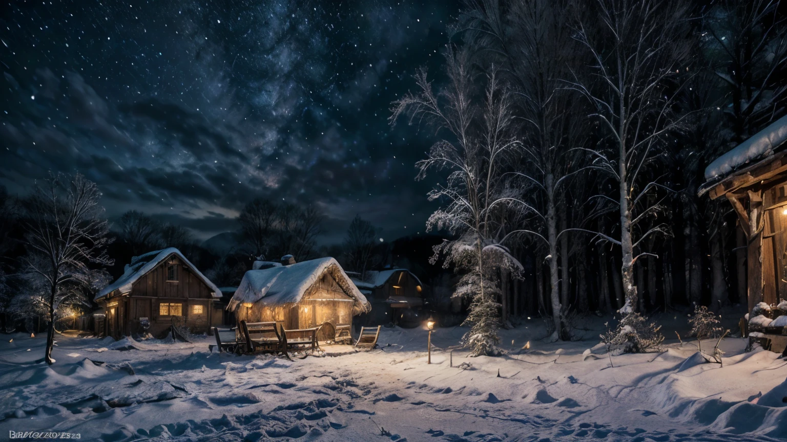 masterpiece, best quality, soft light, ultra high resolution, (photorealistic:1.4), Raw photo, Winter season atmosphere, snow, night, ((Being in the old village)),