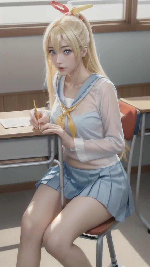 landscape of an woman, (((close up shot))), (((half body photo)))!!!,  photography with Fujifilm XT3, depth of field, film grain, lens flare, (front focus)!!, female focus, dynamic lighting, volumetric lighting, Kirisaki Chitoge /(Nisekoi/), anime style, (((sit down chair at the classroom)))!!!, (The beauty and brilliance of sakura's tree outside the window _The tranquility and beauty of a world of japaneese school)!, (((looks at the camera with beautiful light blue eyes)))!!, Ultra detailed eyes, (Beautiful light blue eye's like sapphire :1.40)!!, Stars in her fixed eyes, (homochromatic eyes)!!!, ((narrow eyes))!!, seductive smile, long sleevemouth, (fresh thin lips)!, (Blush)!! Perfect nose, Cute little nose, Face Clean, hyper realistic skin, Hyper-detailing of eyebrows throught pony, (light yellow hair between eyes)!, light yellow hair bangs, (ultra shine light yellow hair)!!, (((long smooth thick straight light yellow hair)))!!!, ((((hair ornament with symmetrical red ribbon))))!!!!, ((((symemetrical red ribbon))))!!!!, ((dynamic composition)), ((Gudybag above table))!!, detached sleeves, /(((wear school thick uniform_original costume of kirisaki chitoge/)))!!!, ((thick white shirt serafuku_blue sailor collarbone)))!!!, (light orange necktie), (((pleated light blue skirt)))!!!, vivid color clothes, detailed realistic clothes, plump breasts, (plump breast covered with white silk)!!, ((see through thighs))!!, (tighhighs)!, slim legs, ((see through smooth thighs))!!, Best Quality, Masterpiece, Ultra-detailed, Beautiful, hight resolution, Original, CG 8K, perfect photo, dramatic lighting, (Realistic)!, Full HD, Best Quality, Beautiful lighting, (8k wallpaper of extremely detailed CG unit), High Details, sharp-focus, The art of dramatic and photorealistic painting, ((at the japaneese classroom)), dynamic composition, breathtaking rendering, deep shadow, strong color